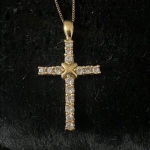 Gold-plated Sterling 925 Cross Pendant Necklace with White Stones